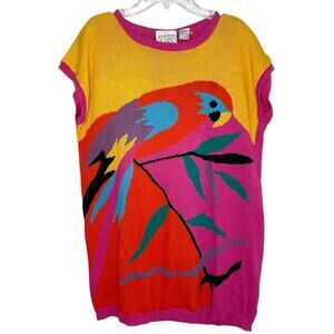Vintage VUE Bird Sweater Womens Sz M Short Sleeve Novelty Parrot Tropical Retro